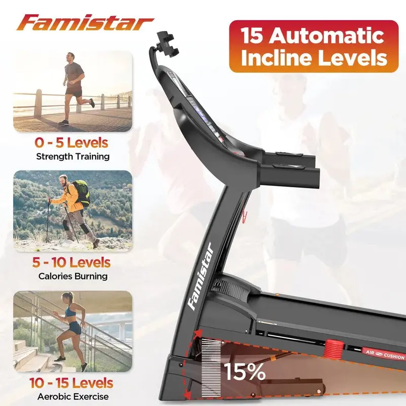 Famistar Compact Foldable Treadmill – 4.5HP Motor, 15 Auto Incline Settings, 10 MPH Top Speed, 300-Lb Weight Capacity