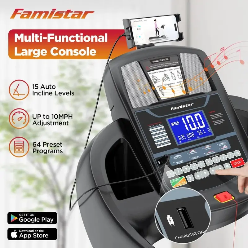 Famistar Compact Foldable Treadmill – 4.5HP Motor, 15 Auto Incline Settings, 10 MPH Top Speed, 300-Lb Weight Capacity