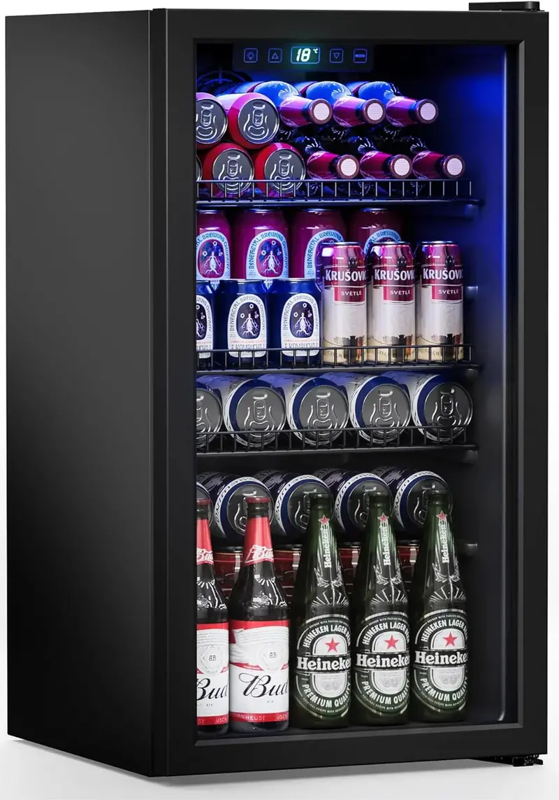Freestanding 120-Can Glass-Door Beverage Cooler: Digital Temperature Display, 3.2 Cu. Ft. Capacity, Matte Black Finish
