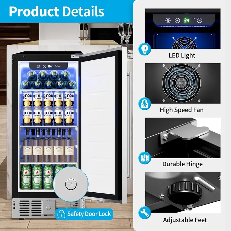 Glass-Door Beverage Cooler – 3.2 Cu. Ft. Mini Fridge, Holds Up to 126 Cans, Four Adjustable Shelves, Modern Silver Finish