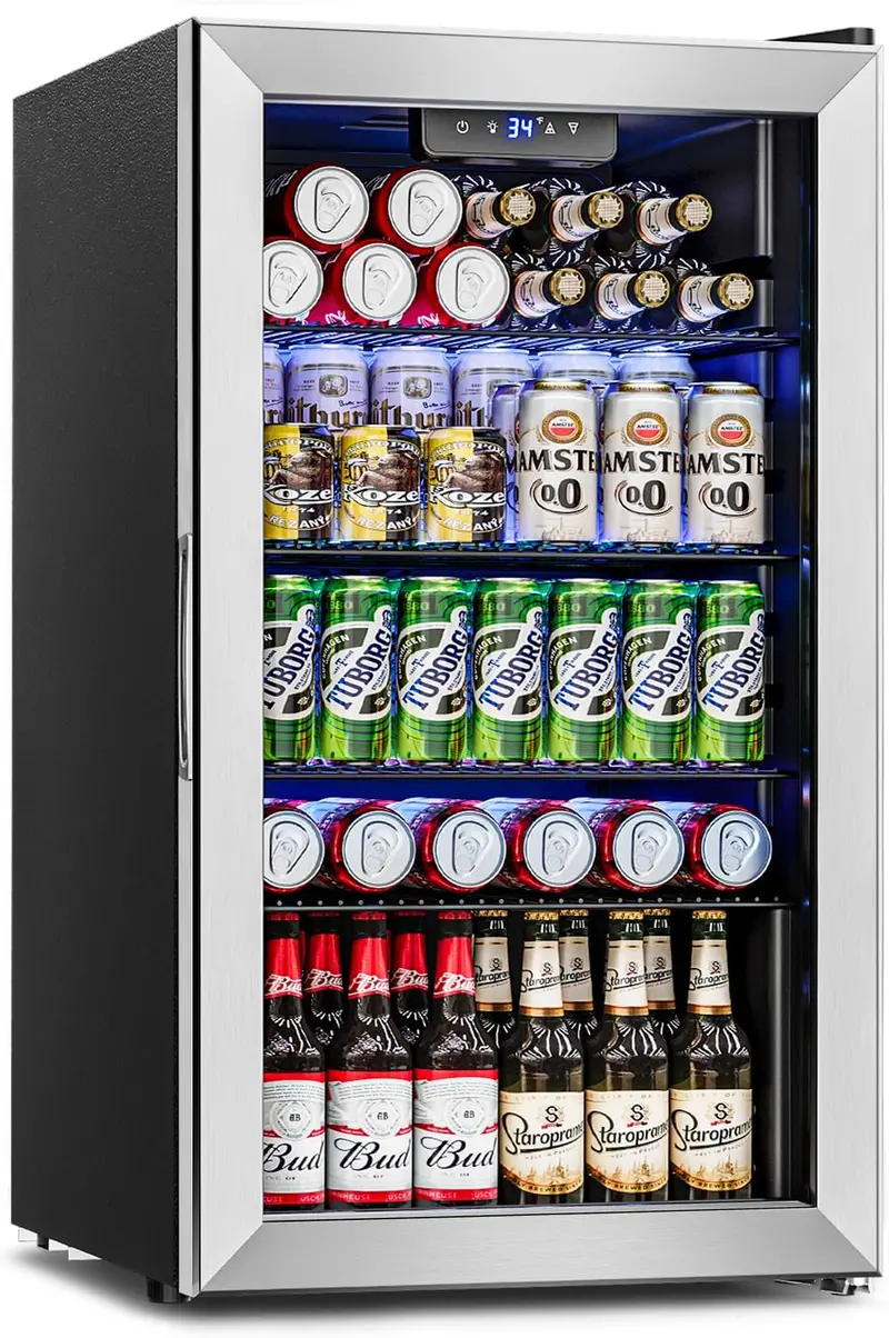Glass-Door Beverage Cooler – 3.2 Cu. Ft. Mini Fridge, Holds Up to 126 Cans, Four Adjustable Shelves, Modern Silver Finish