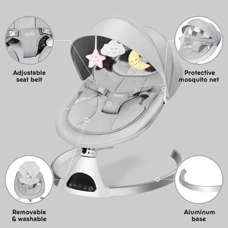 HARPPA Battery-Powered Baby Swing with 5 Adjustable Rocking Speeds and Calming Features for Newborns and Young Children