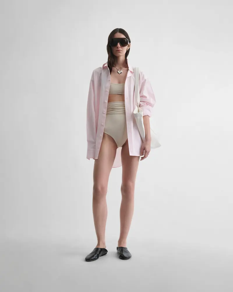 High-Waisted Fold-Down Bikini Bottom In Stucco Polyamide