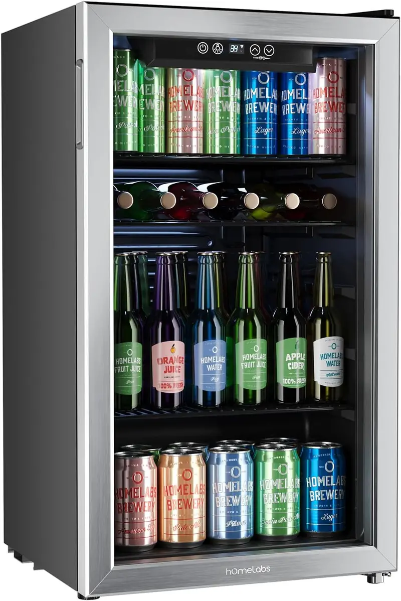 hOmeLabs Slim 120-Can Glass-Door Beverage Fridge with Space-Saving Design and Tool-Free Shelf Removal