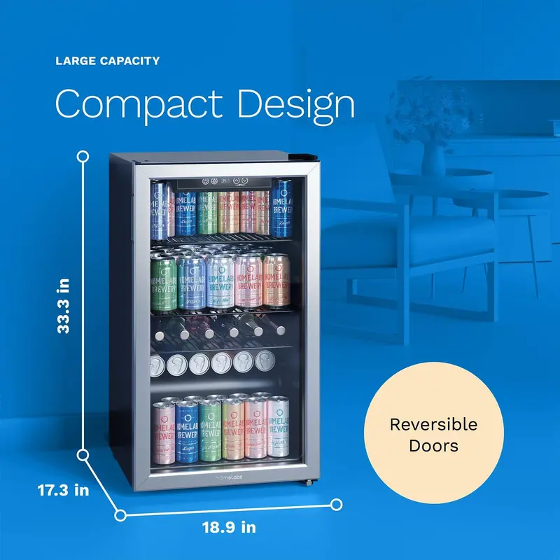 hOmeLabs Slim 120-Can Glass-Door Beverage Fridge with Space-Saving Design and Tool-Free Shelf Removal 2
