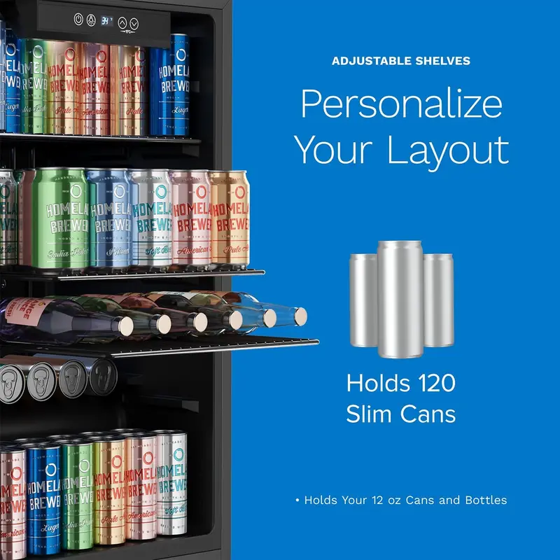 hOmeLabs Slim 120-Can Glass-Door Beverage Fridge with Space-Saving Design and Tool-Free Shelf Removal