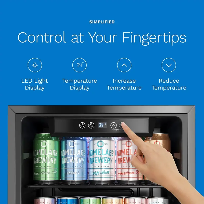 hOmeLabs Slim 120-Can Glass-Door Beverage Fridge with Space-Saving Design and Tool-Free Shelf Removal