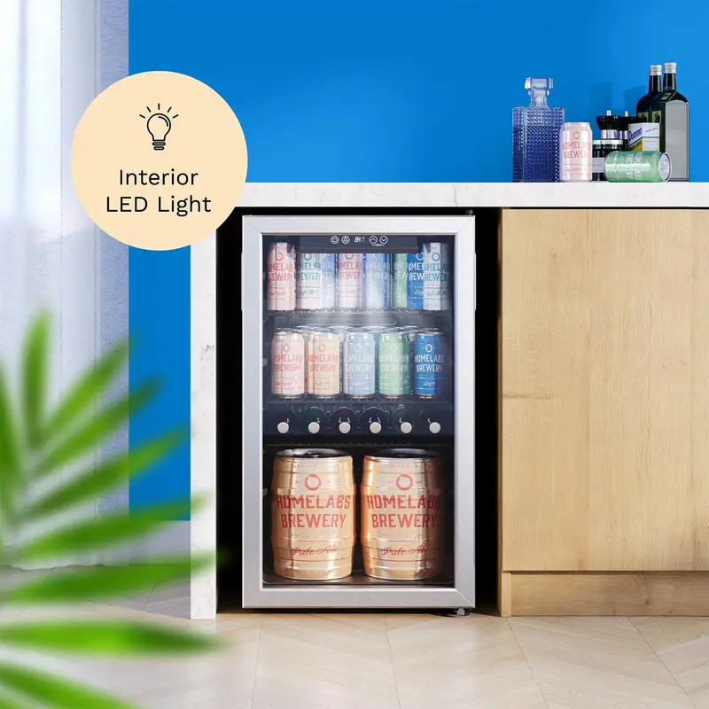 hOmeLabs Slim 120-Can Glass-Door Beverage Fridge with Space-Saving Design and Tool-Free Shelf Removal