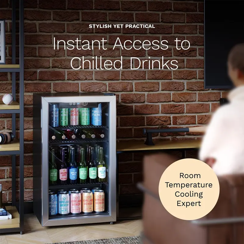 hOmeLabs Slim 120-Can Glass-Door Beverage Fridge with Space-Saving Design and Tool-Free Shelf Removal