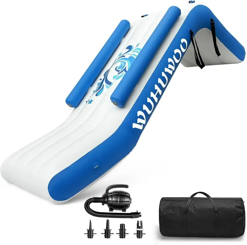 Inflatable Pontoon Boat Water Slide — Backyard or Poolside Play Feature for Kids, Includes High-Speed Electric Pump and Carry Bag