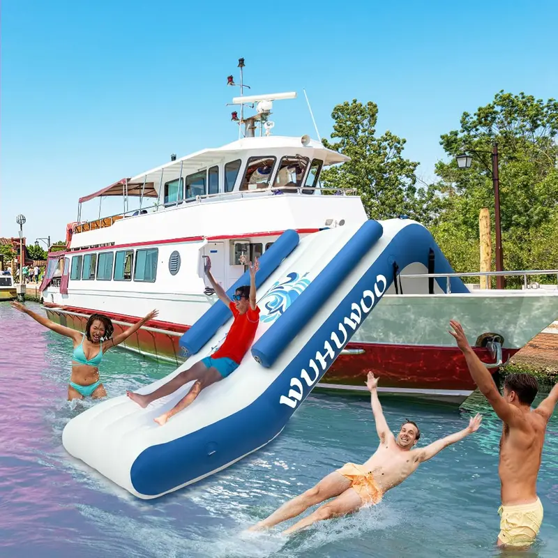 Inflatable Pontoon Boat Water Slide — Backyard or Poolside Play Feature for Kids, Includes High-Speed Electric Pump and Carry Bag