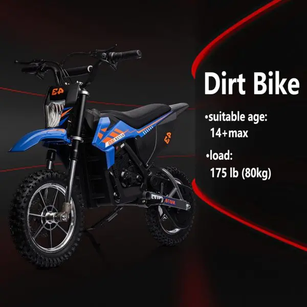 Kids' 36V Electric Dirt Bike – 350W Motor, 15.5 MPH Top Speed, LED Lighting (Blue)