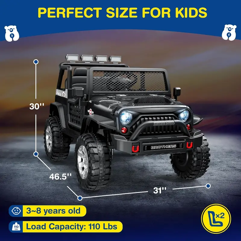 L8 Dual-Seat 12V Ride-On Vehicle – Remote-Controlled Electric Car Featuring Bluetooth Speaker, Three-Speed Settings, LED Lights & Multi-Mode Audio