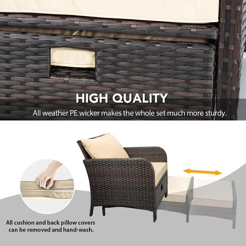 LEVELEVE 5-Piece PE Wicker Patio Set – Outdoor Lounge Featuring Cushioned Chairs, Ottomans & Tempered Glass Table (Brown)