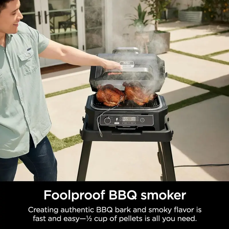 Ninja Woodfire Pro XL Outdoor Grill OG850 – 4-in-1 Electric Grill, Smoker, Air Fryer & Baking Oven with Built-In Thermometer, Dark Grey Finish