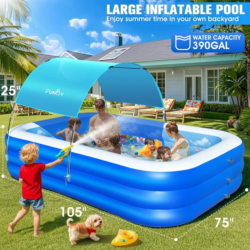 Ocean-Inspired Inflatable Family Pool with Sunshade Canopy – Extra-Large Backyard Splash Pool (105" x 75" x 25"), Reinforced Walls, Vibrant Blue Finish
