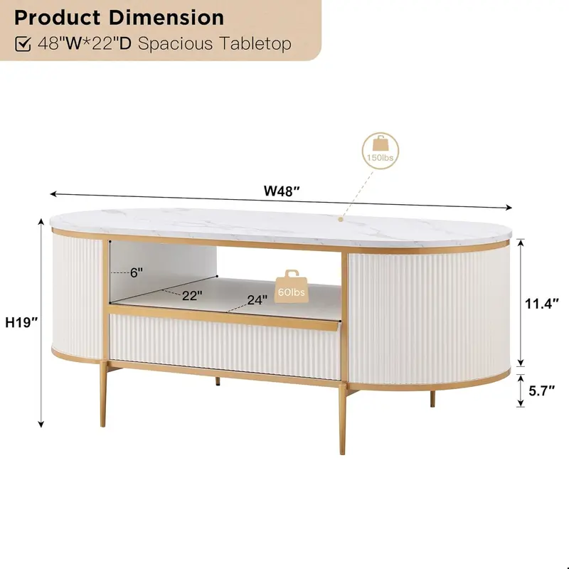 OKD Oval Imitation Marble Coffee Table – 48-Inch Grooved Surface with Gold-Trimmed Drawers