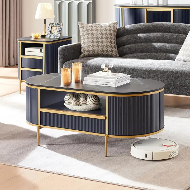 OKD Oval Imitation Marble Coffee Table – 48-Inch Grooved Surface with Gold-Trimmed Drawers