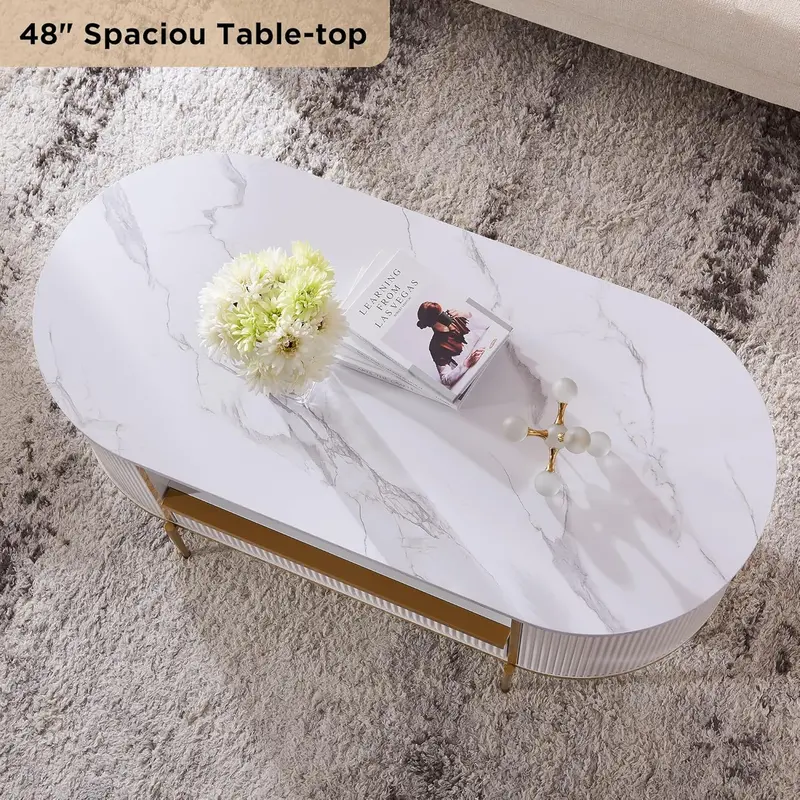 OKD Oval Imitation Marble Coffee Table – 48-Inch Grooved Surface with Gold-Trimmed Drawers