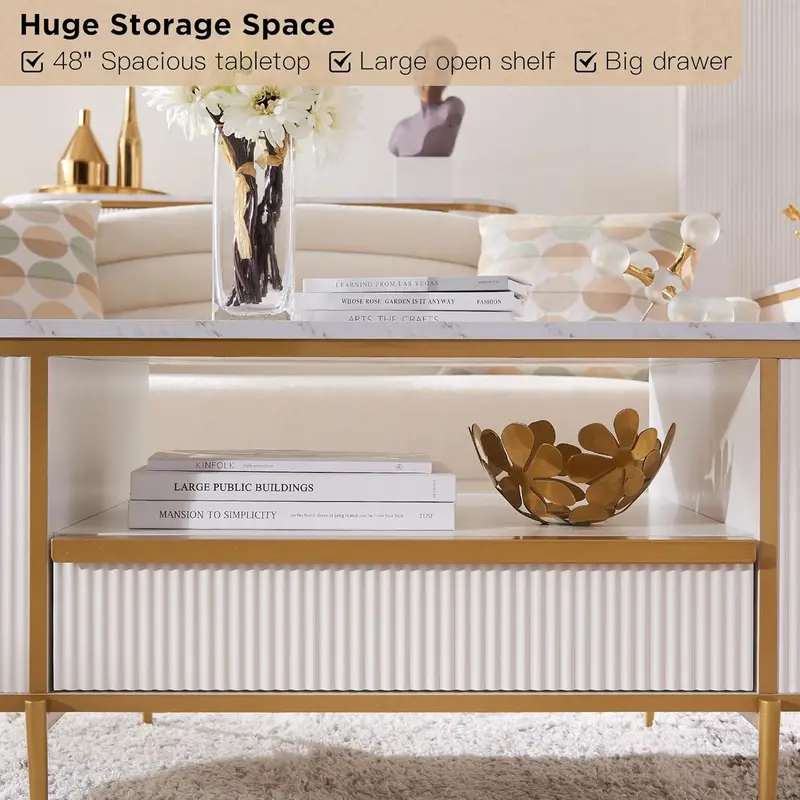 OKD Oval Imitation Marble Coffee Table – 48-Inch Grooved Surface with Gold-Trimmed Drawers