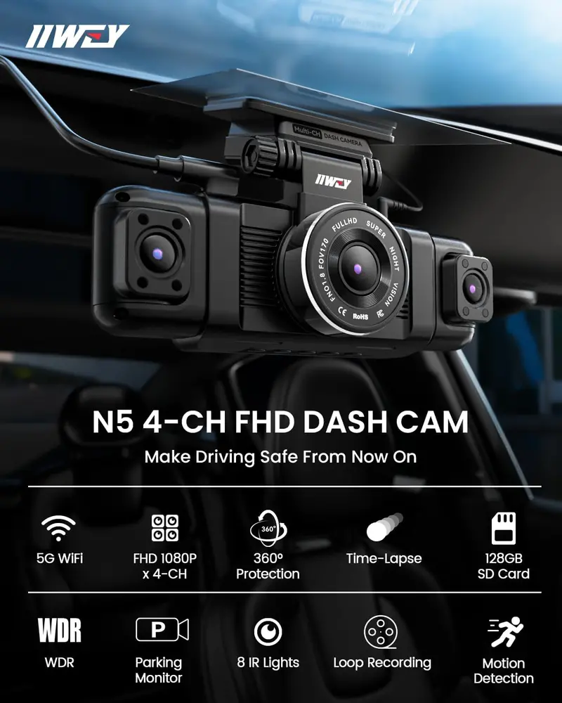 OmniView 4-Channel Dash Cam System – 360° Coverage (Front/Rear/Sides), 1080P Recording, 8 IR Night Vision & 5G Wi-Fi 2