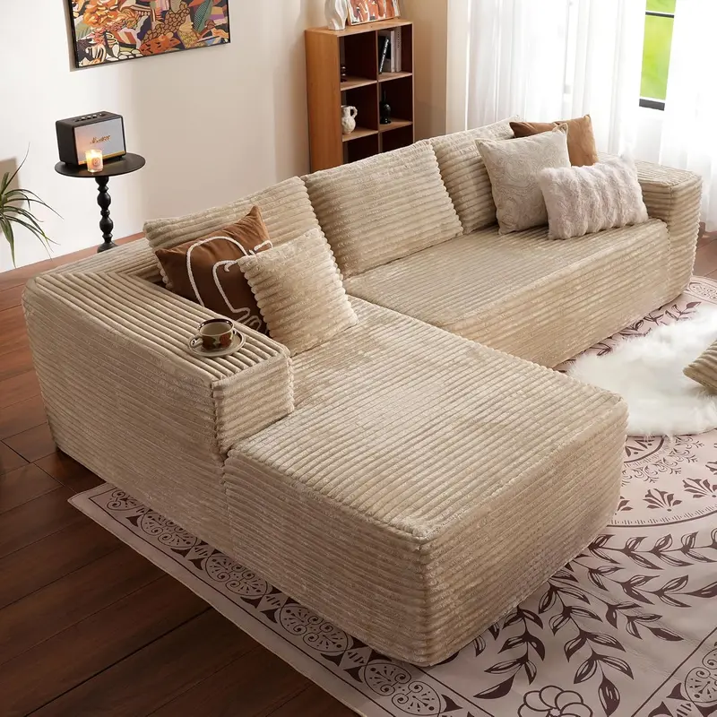 Ovios 104-Inch L-Shaped Cloud Sectional – Plush Corduroy Modular Sofa with Deep Seat & Effortless Setup (Grey)