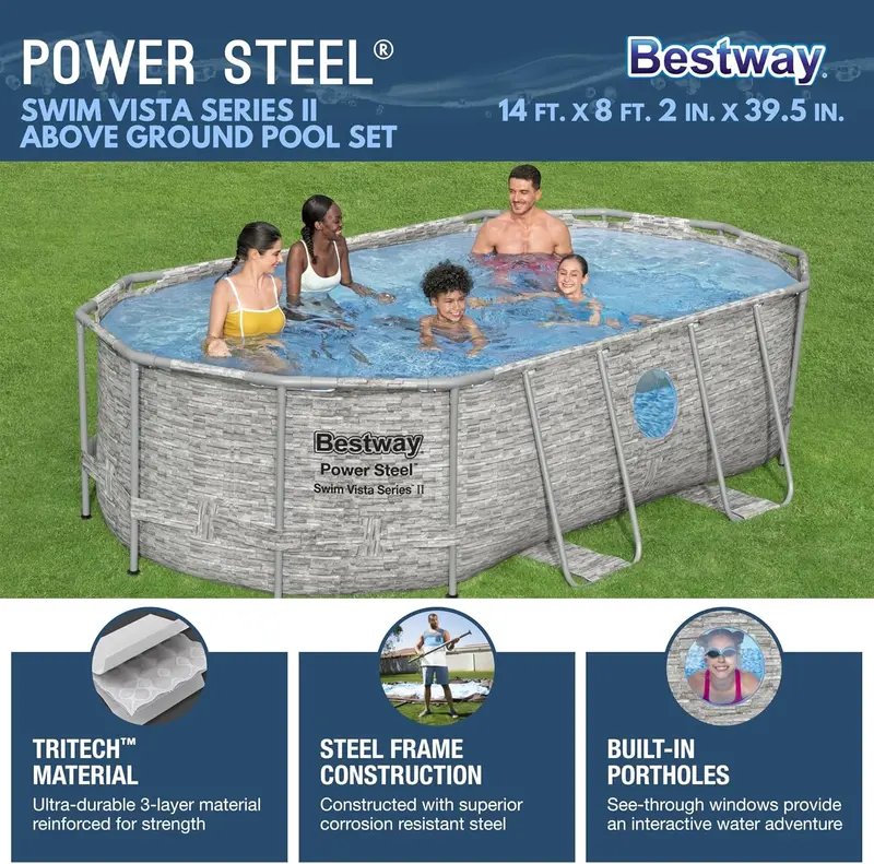 Power Steel Swim Vista II Above-Ground Pool – 14' x 8'2" x 39.5" Complete Swimming Set