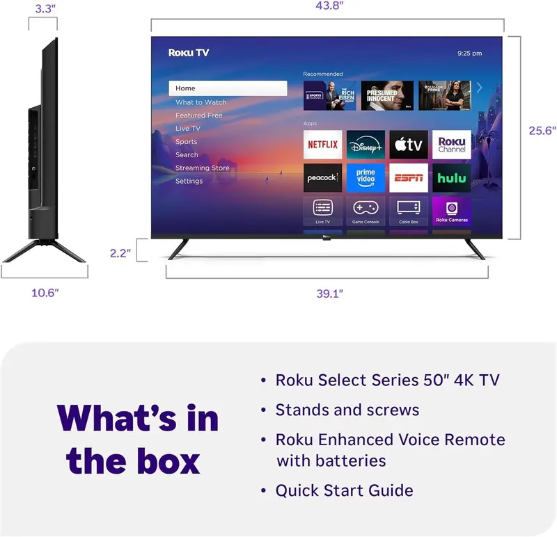 Roku 50-Inch Select Series 4K HDR Smart TV – Voice-Controlled Remote & Streaming-Enhanced Display