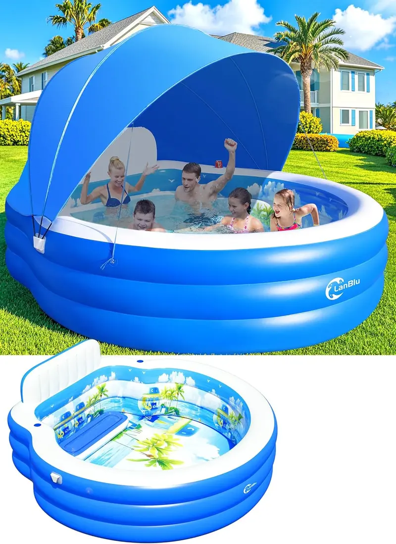Round Canopy Lounge Pool with Ergonomic Bench – 92" Diameter Inflatable Swim Center for Families, Adults & Kids Alike