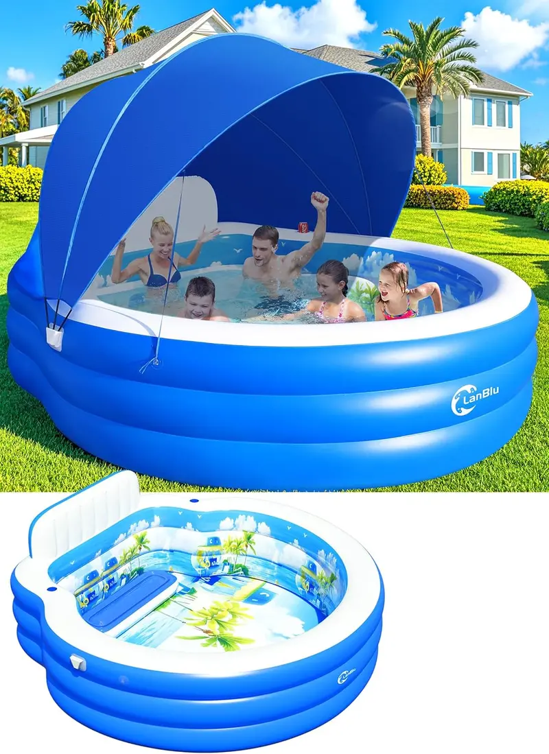 Round Canopy Lounge Pool with Ergonomic Bench – 92" Diameter Inflatable Swim Center for Families, Adults & Kids Alike