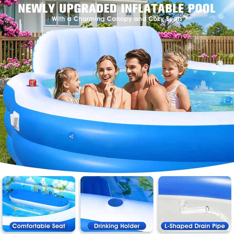 Round Canopy Lounge Pool with Ergonomic Bench – 92" Diameter Inflatable Swim Center for Families, Adults & Kids Alike