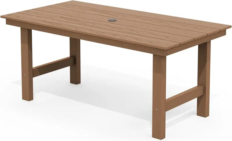 SERWALL Blue HDPE 7-Piece Outdoor Dining Set: Weatherproof Patio Table with Umbrella Hole + Six Stackable Chairs