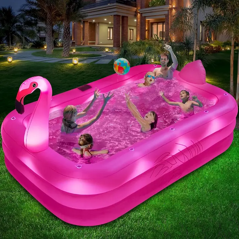 Solar-Powered LED Flamingo Inflatable Pool – Illuminated Backyard Splash Pool (105" x 65" x 25") with Thickened Walls for Kids & Adults