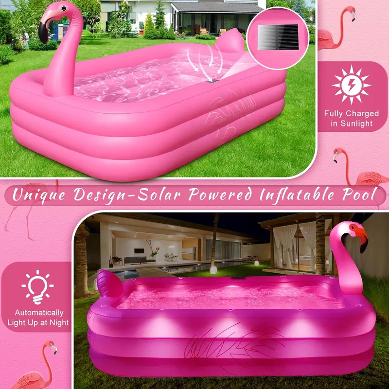 Solar-Powered LED Flamingo Inflatable Pool – Illuminated Backyard Splash Pool (105" x 65" x 25") with Thickened Walls for Kids & Adults