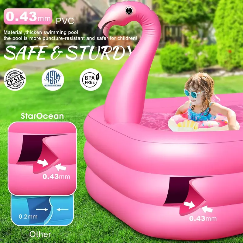 Solar-Powered LED Flamingo Inflatable Pool – Illuminated Backyard Splash Pool (105" x 65" x 25") with Thickened Walls for Kids & Adults