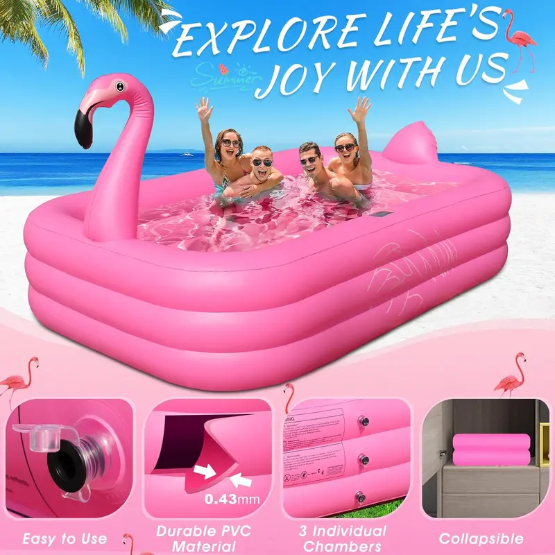 Solar-Powered LED Flamingo Inflatable Pool – Illuminated Backyard Splash Pool (105" x 65" x 25") with Thickened Walls for Kids & Adults