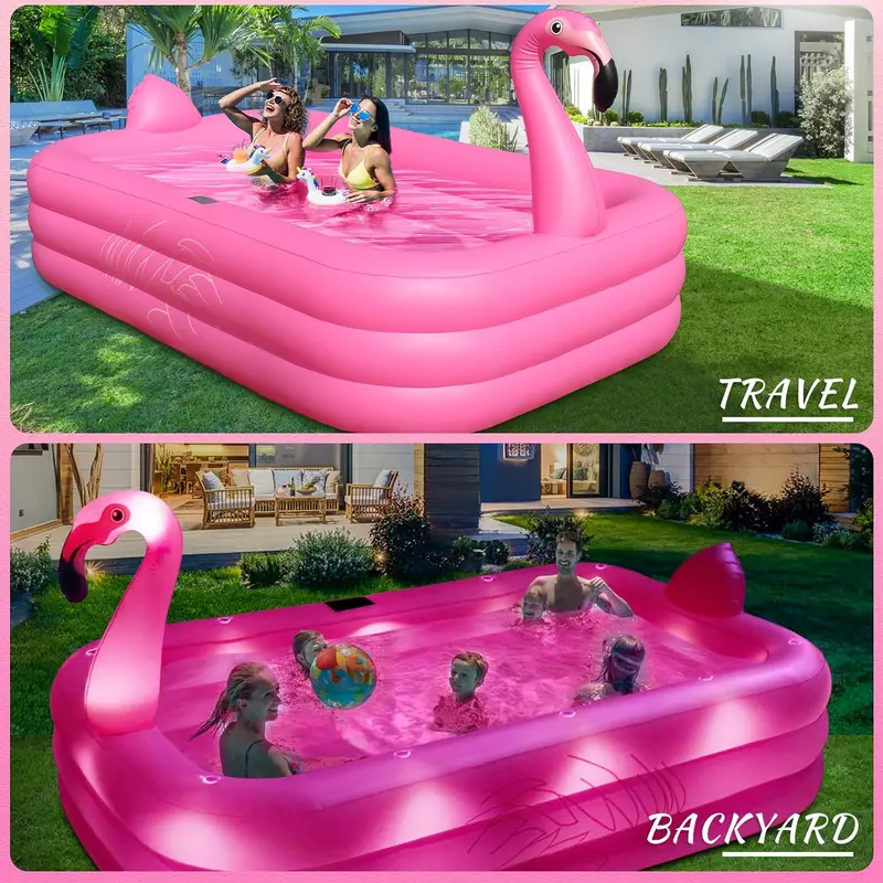 Solar-Powered LED Flamingo Inflatable Pool – Illuminated Backyard Splash Pool (105" x 65" x 25") with Thickened Walls for Kids & Adults