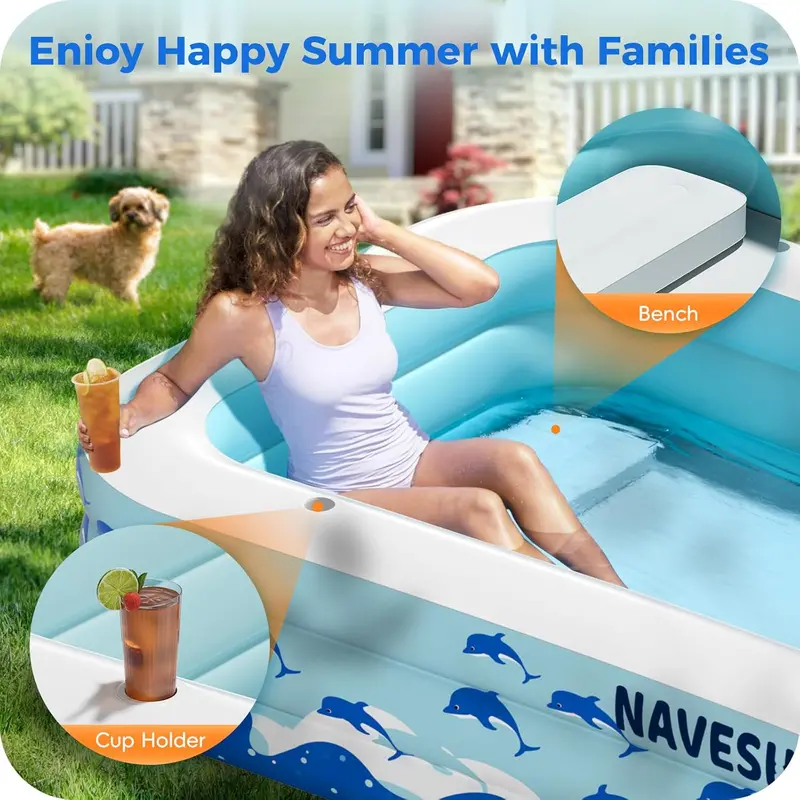 Spacious Inflatable Family Swimming Pool with Built-In Seating – 130" x 72" x 22" Reinforced PVC Above-Ground Pool for Outdoor Leisure