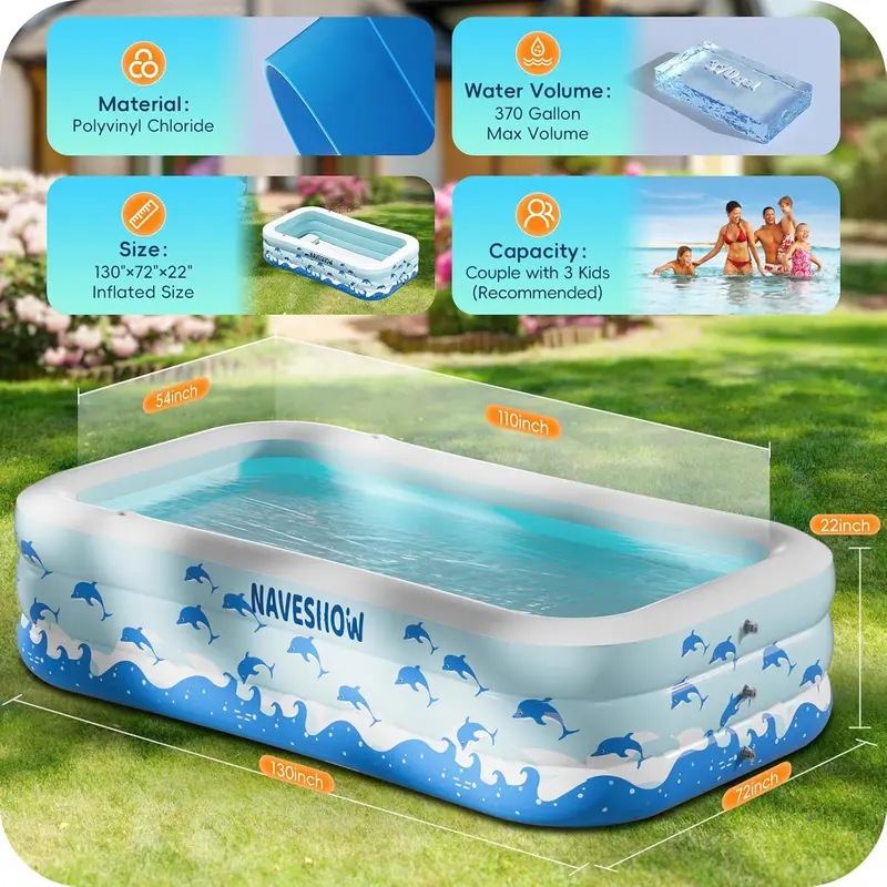 Spacious Inflatable Family Swimming Pool with Built-In Seating – 130" x 72" x 22" Reinforced PVC Above-Ground Pool for Outdoor Leisure