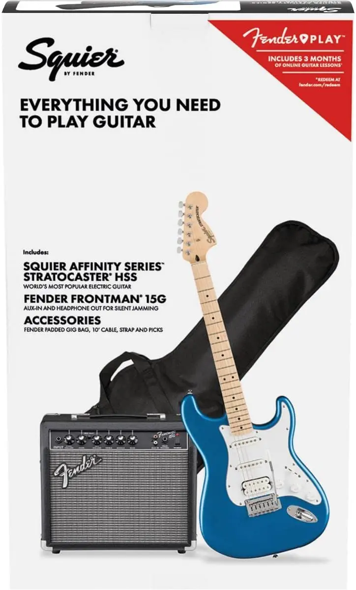 Squier Affinity Stratocaster HSS Electric Guitar Pack – Lake Placid Blue Finish with Maple Fingerboard 2