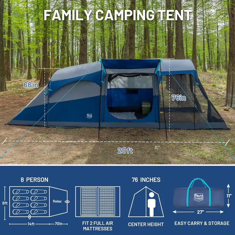 TIMBER RIDGE 8-Person Tunnel Tent with Screen Room – Weather-Resistant Design, Integrated Rainfly & Carry Bag for Group Outdoor Activities
