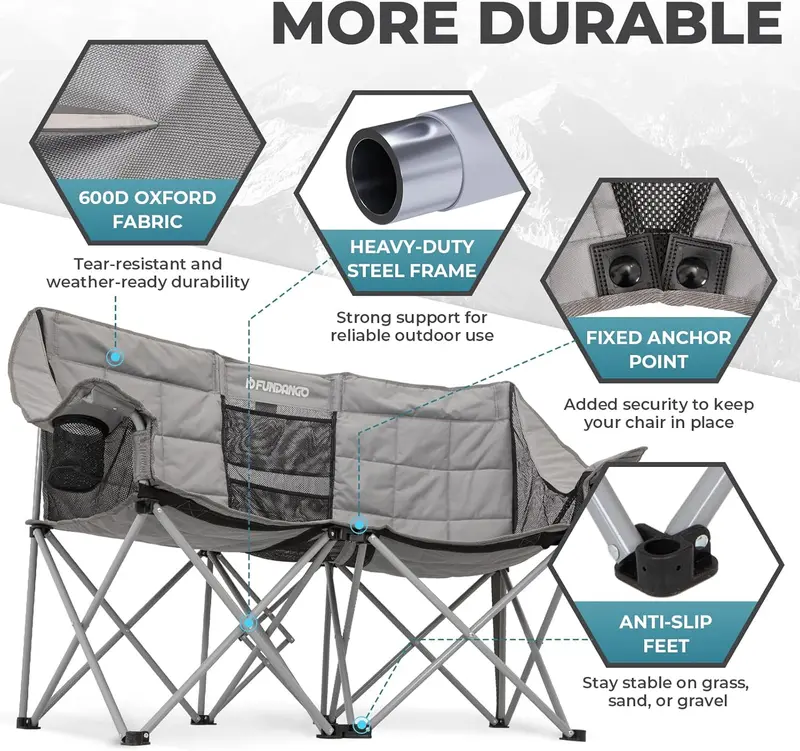 Triple-Occupancy Folding Camping Chair — Reinforced 1000 lb Capacity Chair with Built-in Cooler Compartment