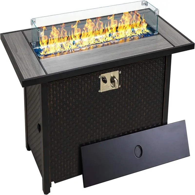 Walsunny 45-Inch Propane Fire Pit Table – 50,000 BTU Rattan Patio Fire Table with Wind Guard & Storage Lid