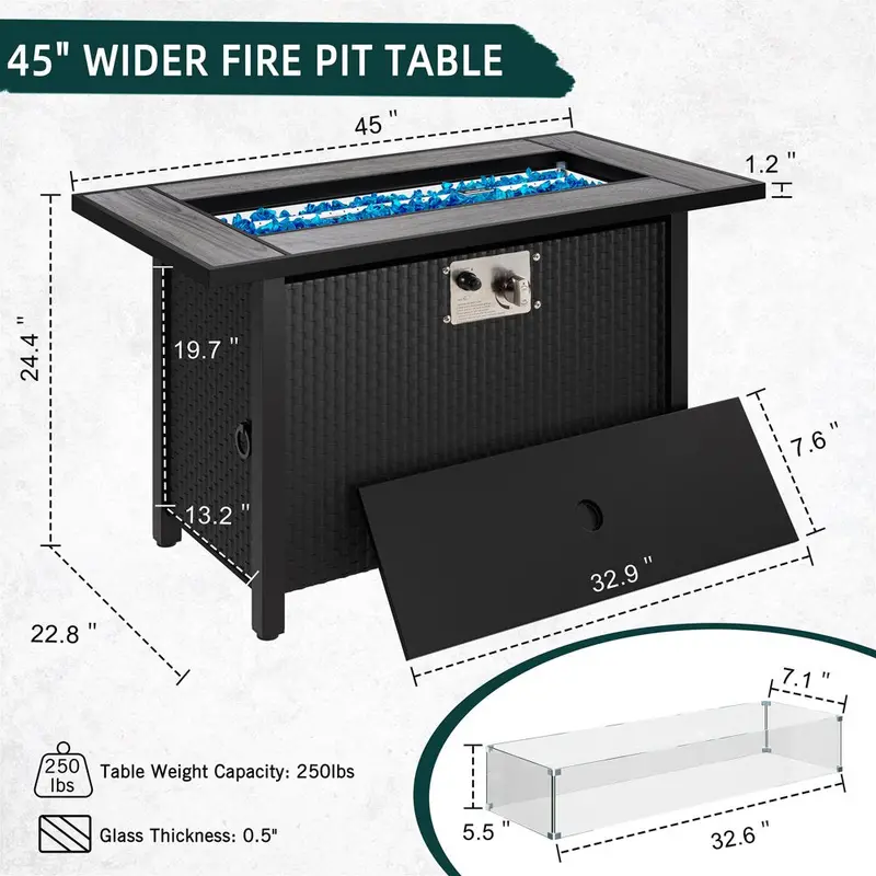 Walsunny 45-Inch Propane Fire Pit Table – 50,000 BTU Rattan Patio Fire Table with Wind Guard & Storage Lid