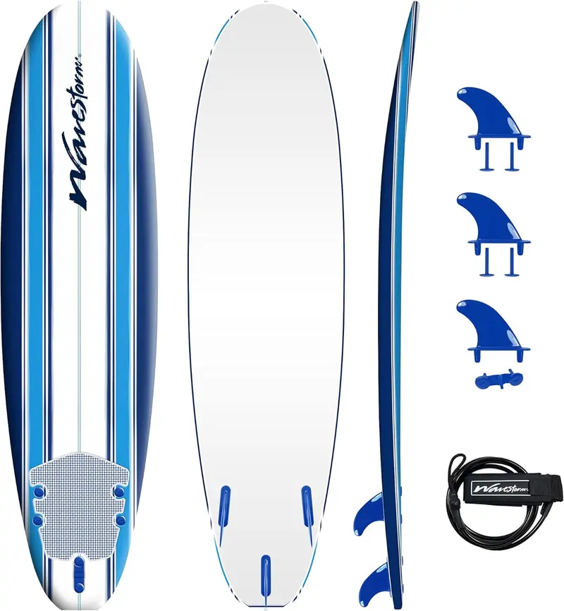 Wavestorm 7ft Soft Top Foam Surfboard: Beginner-Friendly Complete Package with Leash, Removable Fins, and Durable Heat-Laminated Build