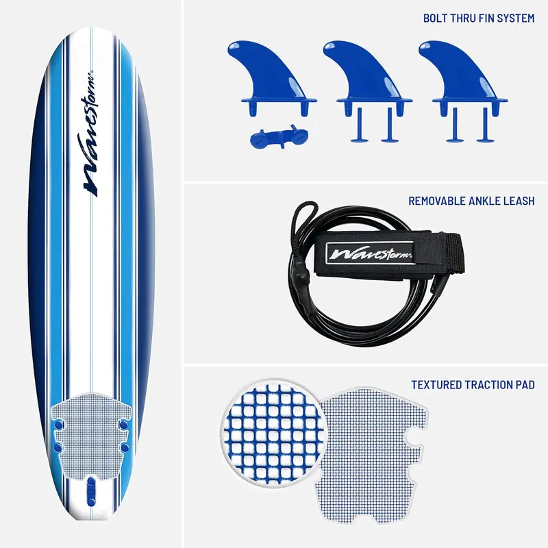 Wavestorm 7ft Soft Top Foam Surfboard: Beginner-Friendly Complete Package with Leash, Removable Fins, and Durable Heat-Laminated Build