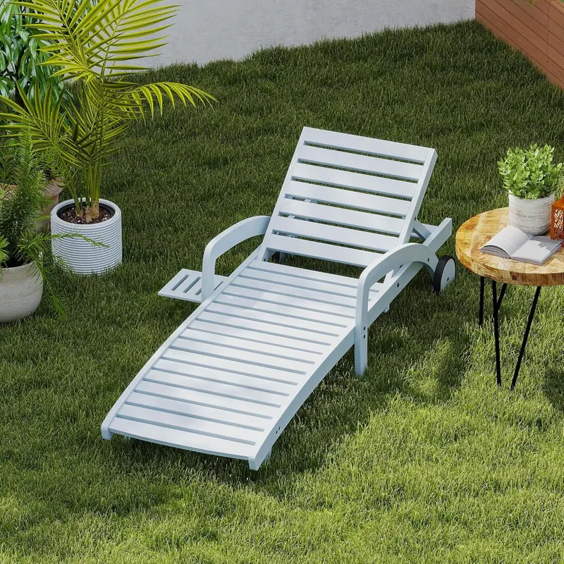 Wooden 4-Piece Chaise Lounge Set – Five-Angle Reclining Chairs with Integrated Pull-Out Side Tables