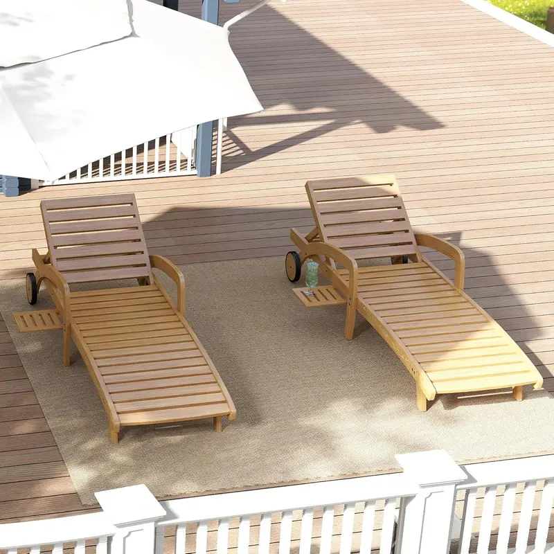 Wooden 4-Piece Chaise Lounge Set – Five-Angle Reclining Chairs with Integrated Pull-Out Side Tables