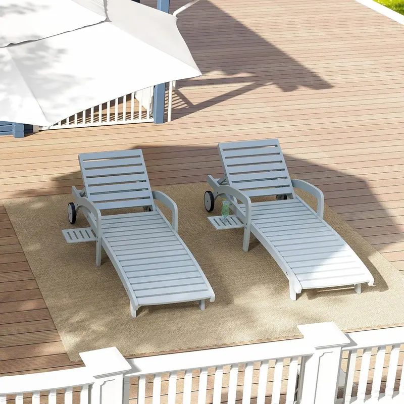 Wooden 4-Piece Chaise Lounge Set – Five-Angle Reclining Chairs with Integrated Pull-Out Side Tables