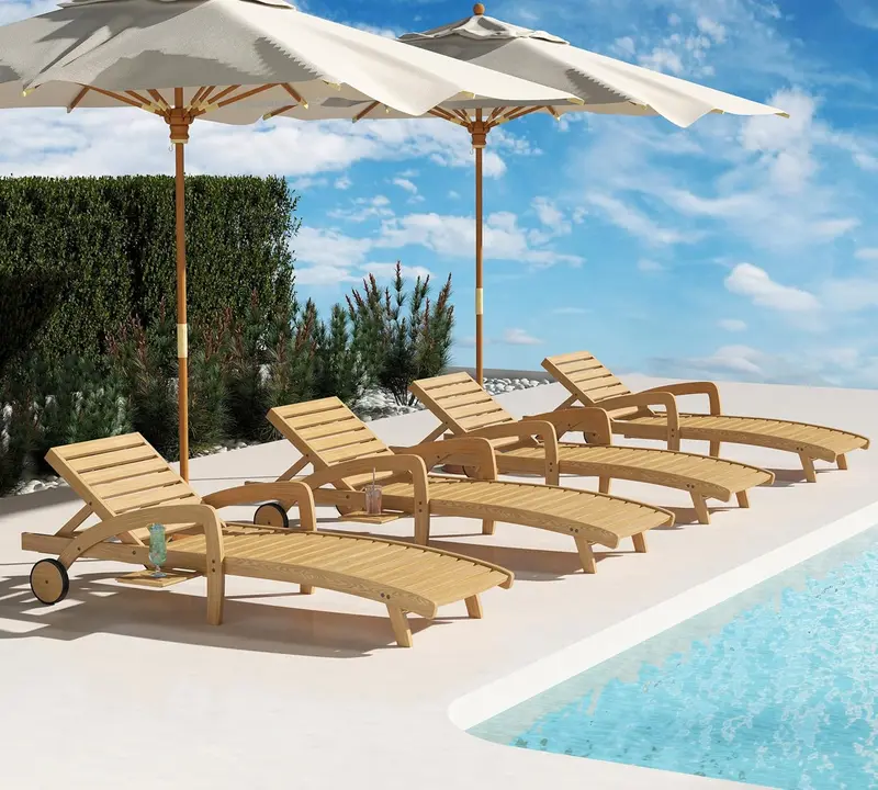 Wooden 4-Piece Chaise Lounge Set – Five-Angle Reclining Chairs with Integrated Pull-Out Side Tables